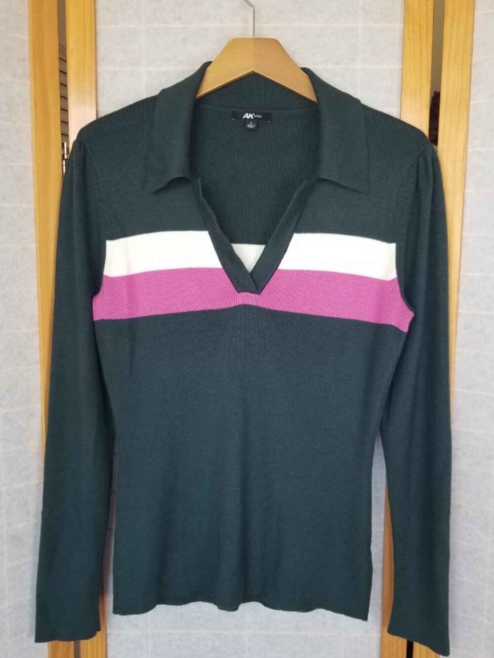 Vintage Anne Klein Polo Sweater Long Sleeve Collared Colorblock Striped